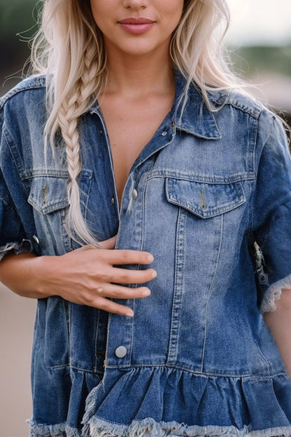 Denim Raw Hem Ruffle Sleeve Jacket