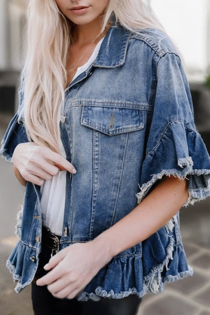 Denim Raw Hem Ruffle Sleeve Jacket