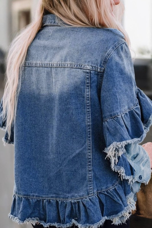 Denim Raw Hem Ruffle Sleeve Jacket