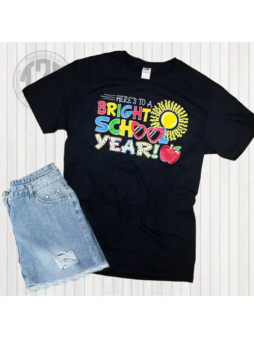 Black "Here's to a Bright School Year" graphic tee