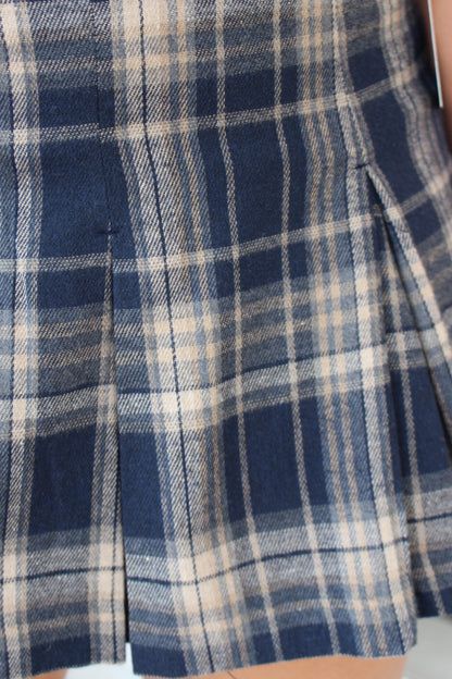 Navy Plaid Flannel Pleated Skort