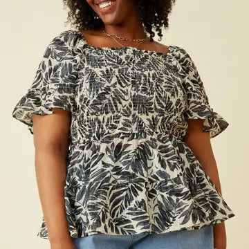 Floral Smocked Square Neck Top - Curvy
