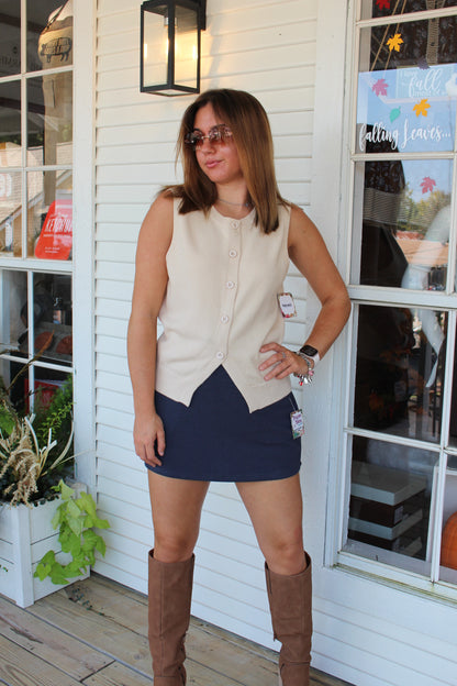 Cream Sleeveless Button Down Sweater