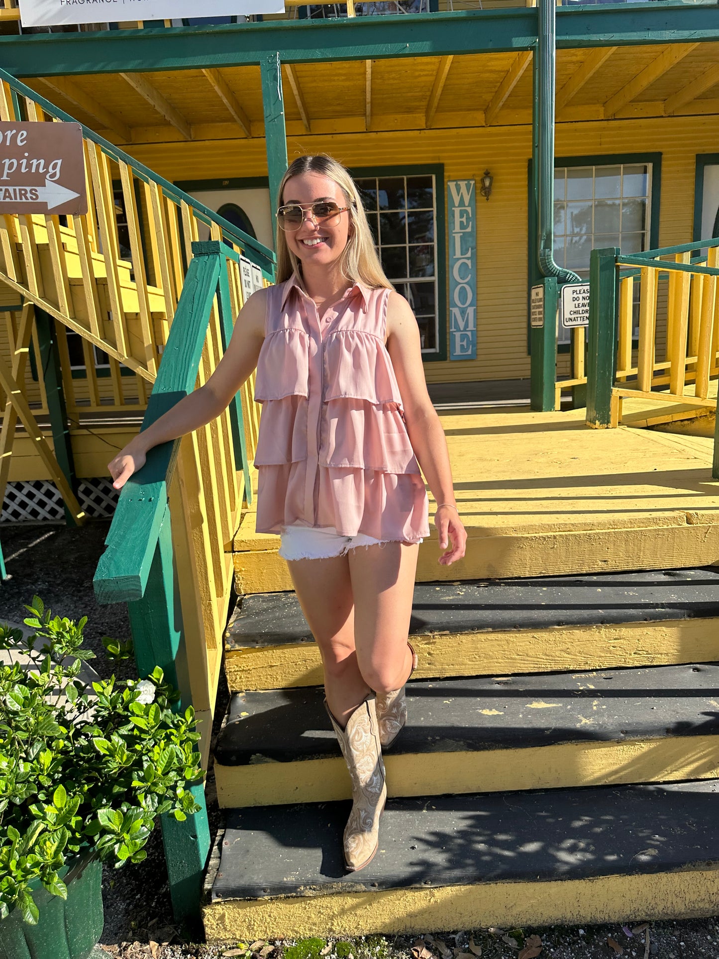 Blush Ruffled Sleeveless Button Down Top