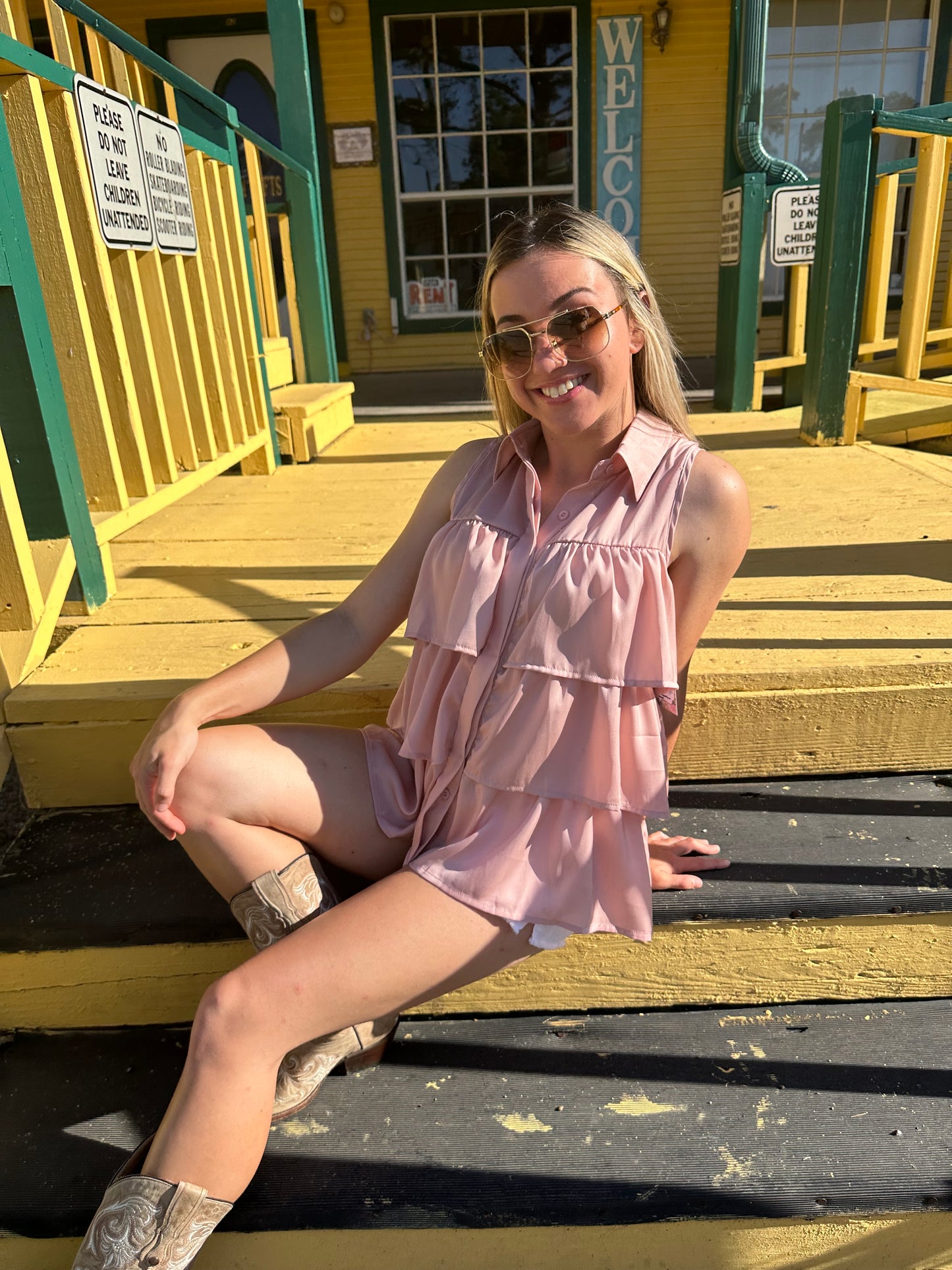 Blush Ruffled Sleeveless Button Down Top