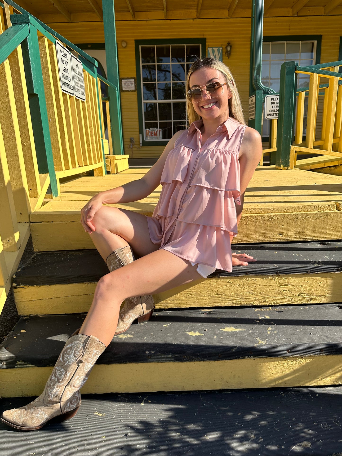 Blush Ruffled Sleeveless Button Down Top