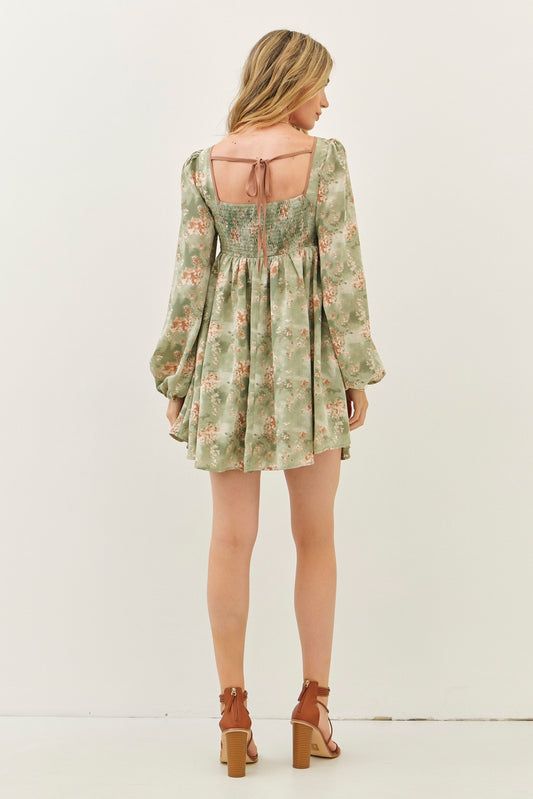 Olive Floral Flare Mini Dress