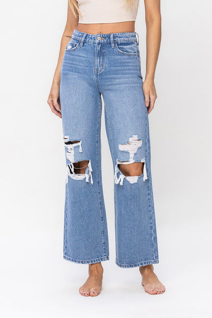 Med. Blue High Rise Distressed Wide Leg Jeans