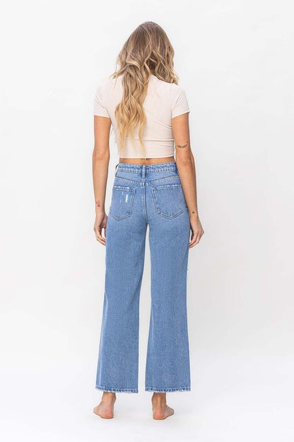 Med. Blue High Rise Distressed Wide Leg Jeans