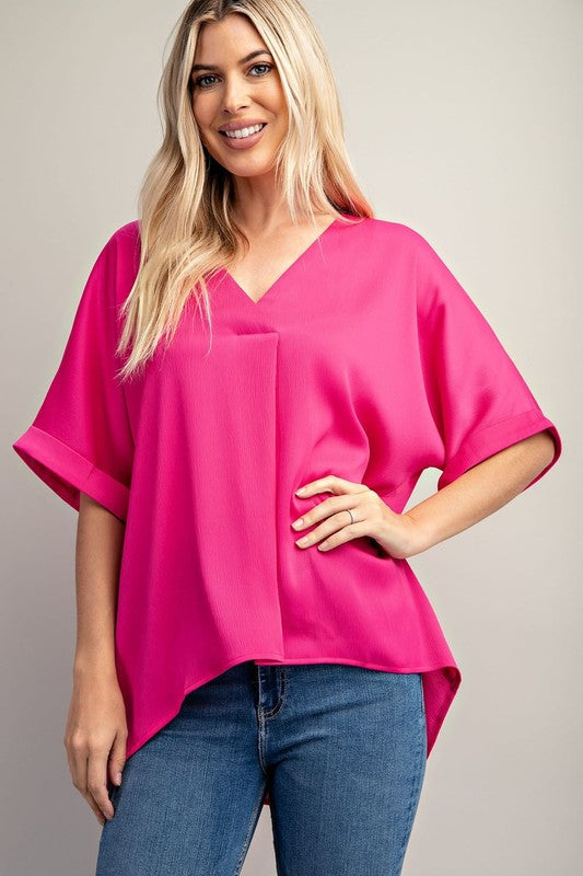 Hot Pink V Neck High Low Top