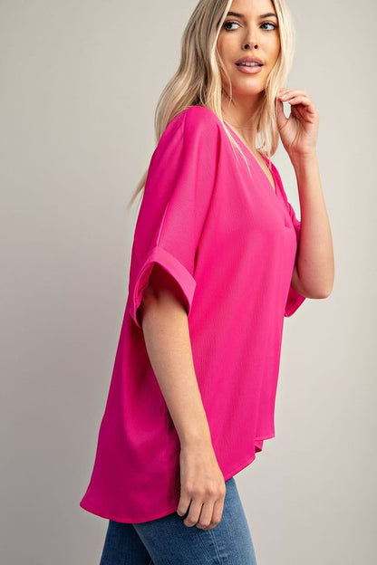 Hot Pink V Neck High Low Top