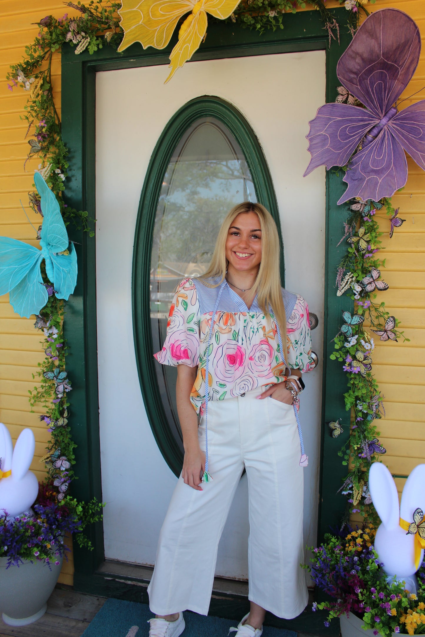 Floral and Striped Puff Sleeve Top