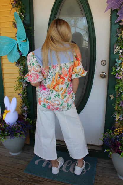 Floral and Striped Puff Sleeve Top