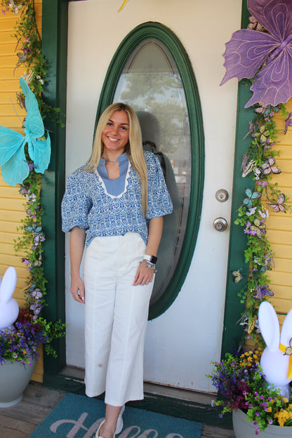 Blue Floral and Ric-Rac Puff Sleeve Top