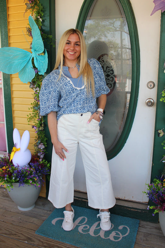 Blue Floral and Ric-Rac Puff Sleeve Top