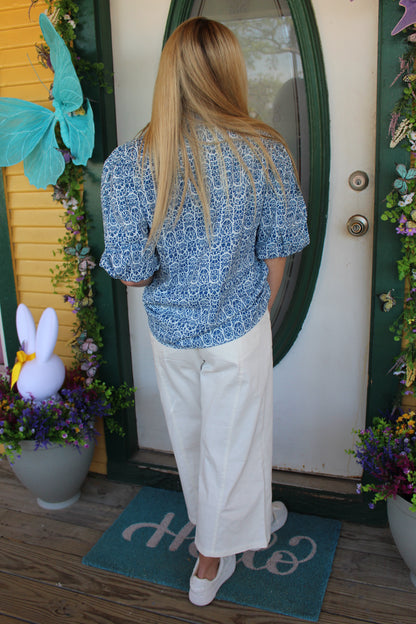 Blue Floral and Ric-Rac Puff Sleeve Top