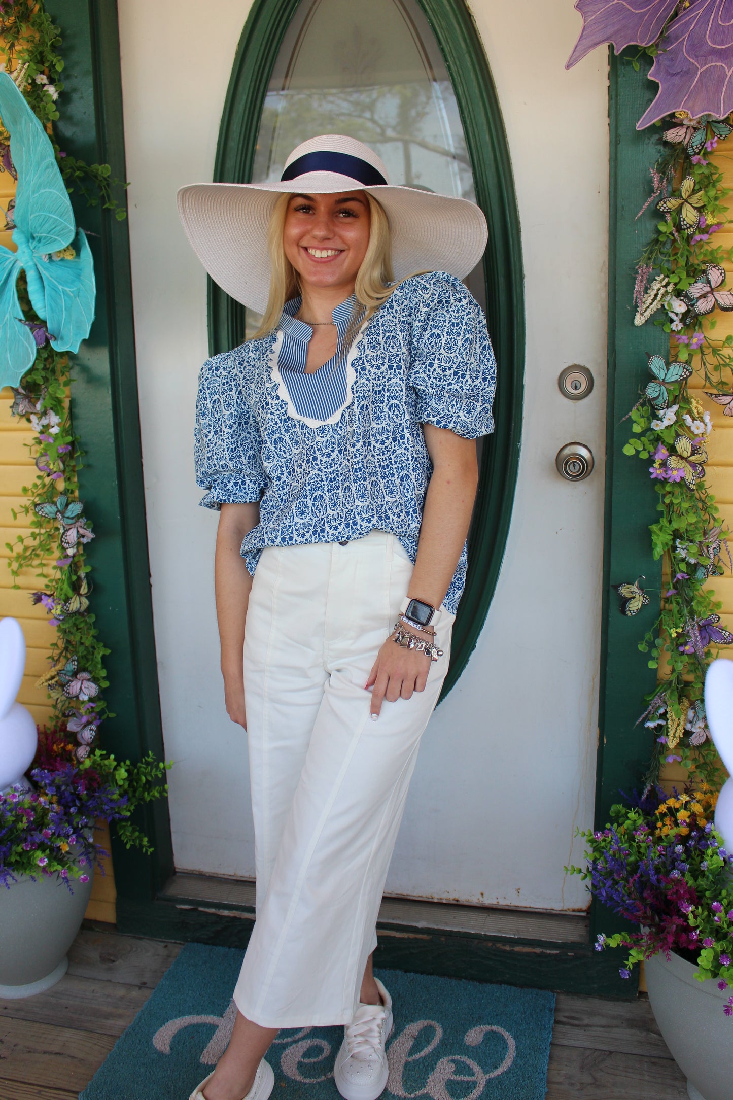 Blue Floral and Ric-Rac Puff Sleeve Top