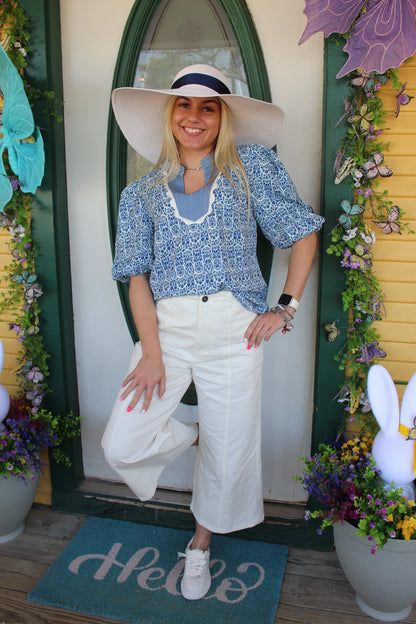 Blue Floral and Ric-Rac Puff Sleeve Top