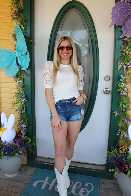 White Lace Floral Sleeve Top