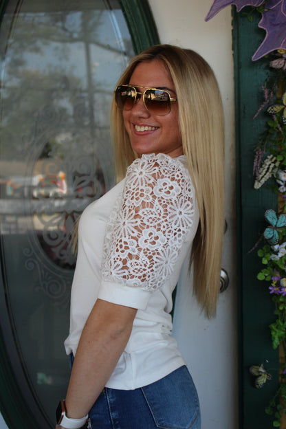 White Lace Floral Sleeve Top