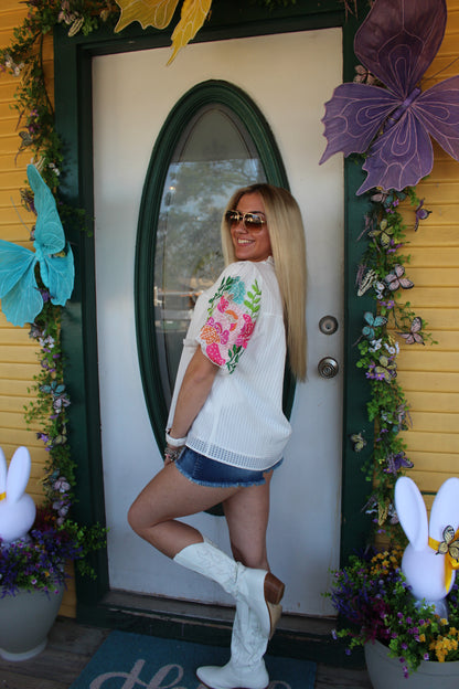 White Floral Embroidered Puff Sleeve Top