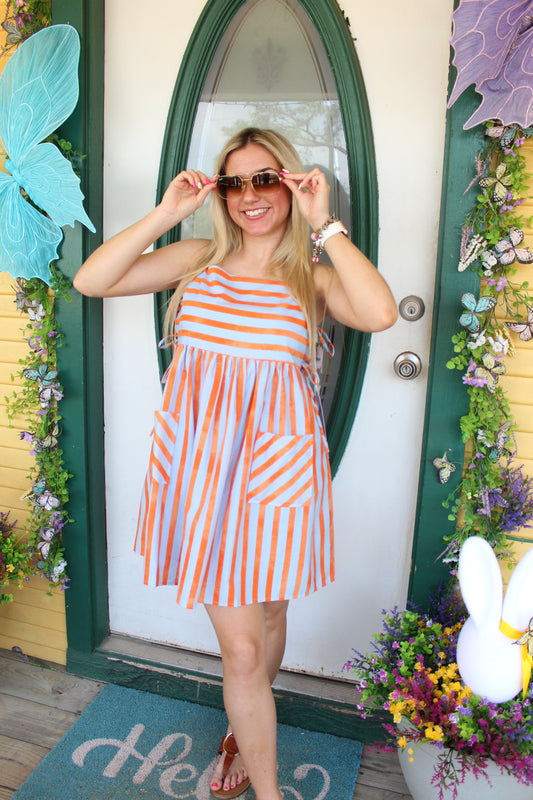 Blue and Orange Striped Dress