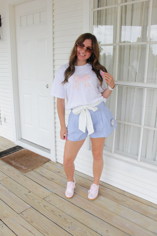 Blue Stripe Shorts with Bow