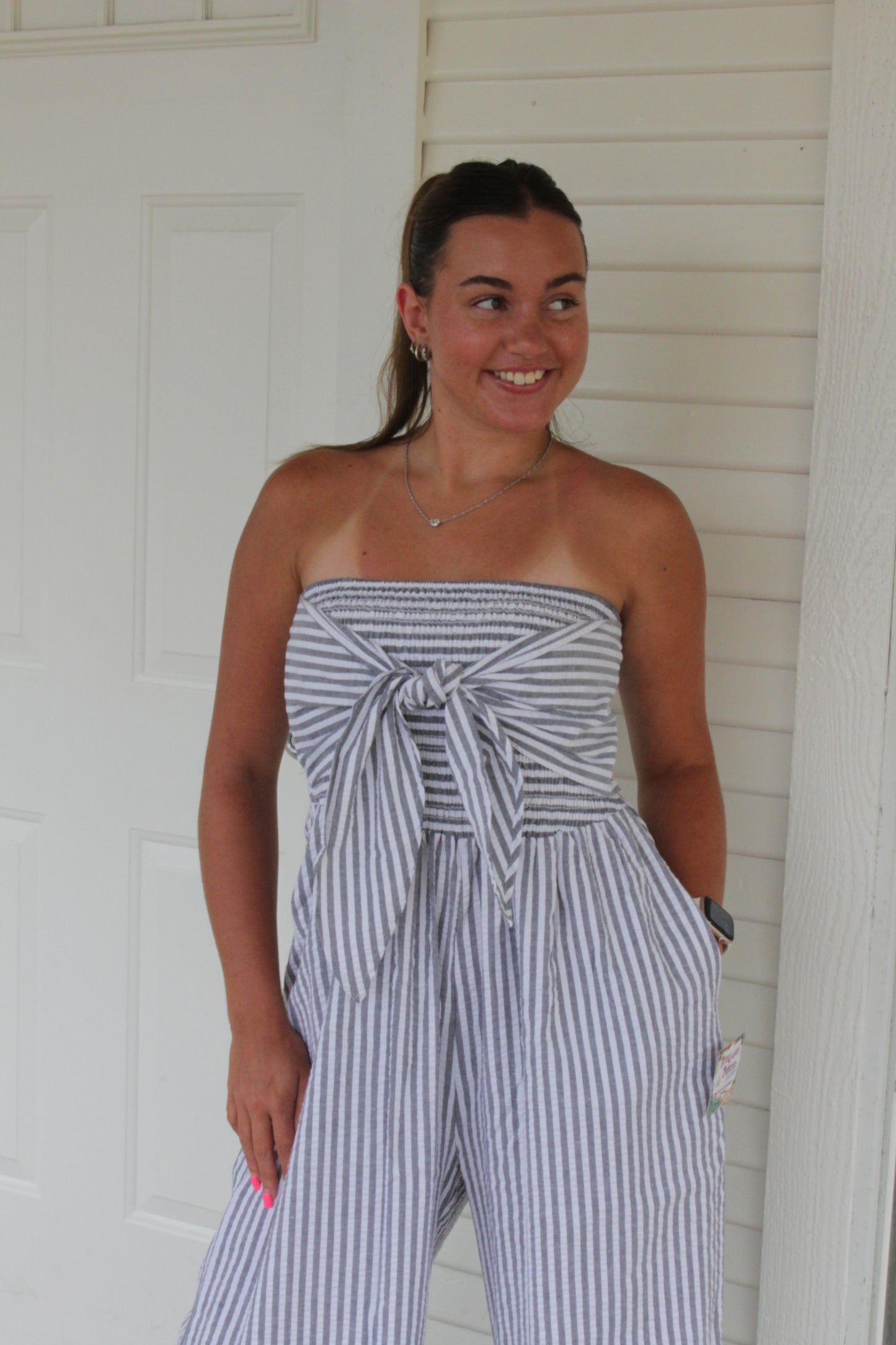 Smocked Striped Strapless  Jumpsuit