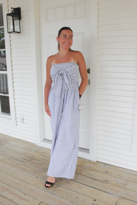 Smocked Striped Strapless  Jumpsuit