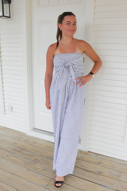 Smocked Striped Strapless  Jumpsuit