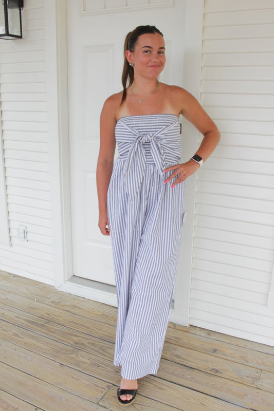 Smocked Striped Strapless  Jumpsuit