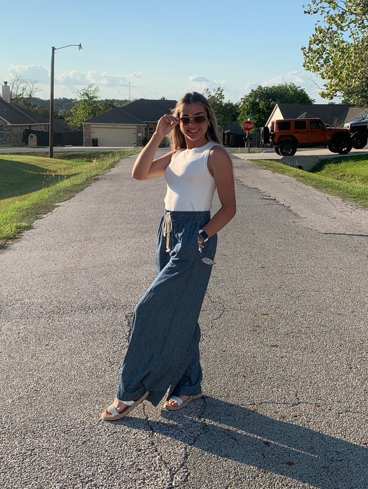 White Sweater Crop Top & Pinstriped Wide Leg Pants Bundle