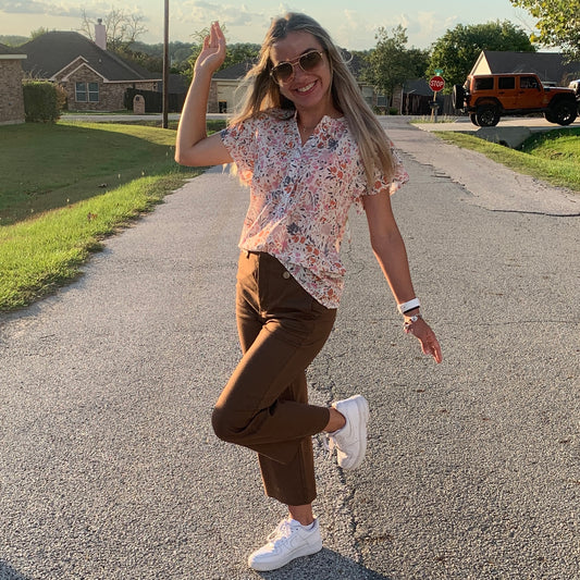 Floral Blouse & Brown Soft Washed Pants Bundle