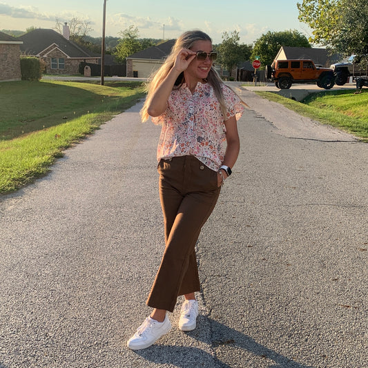 Floral Blouse & Brown Soft Washed Pants Bundle