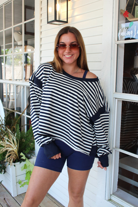 Navy Open Back Long Sleeve Top