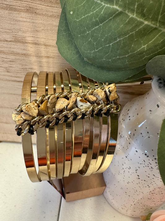 Gold Statement Bangle Bracelet with Rock Accent