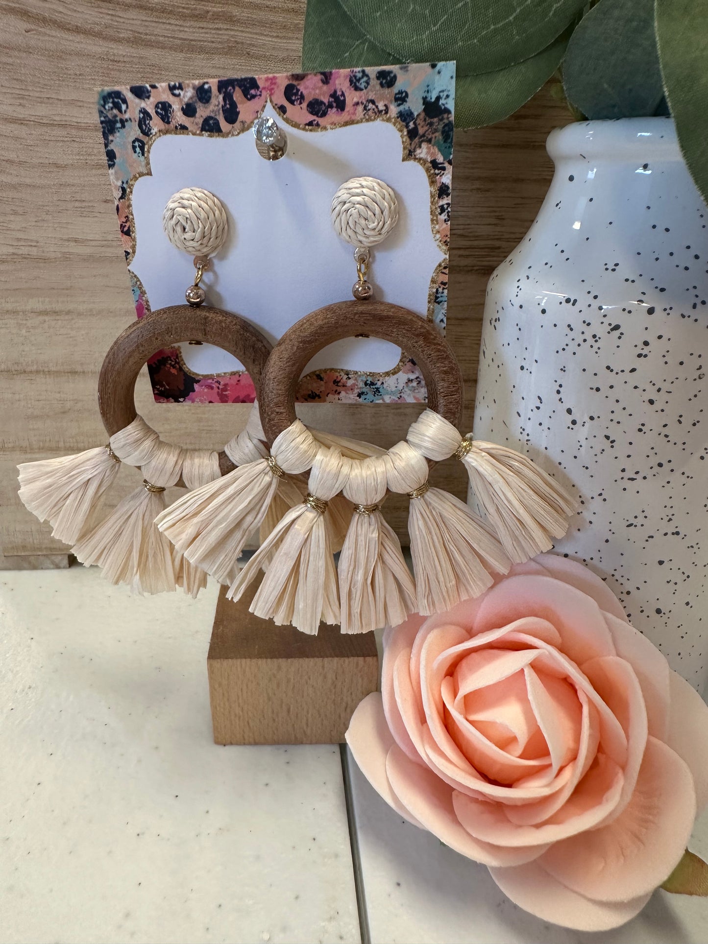 Wood and Tassel Earrings