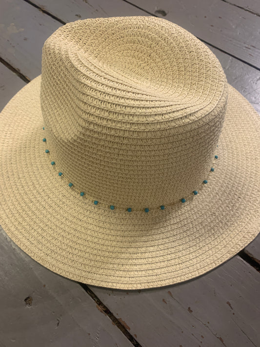 Tan Straw Hat with Turquoise Bead Detail