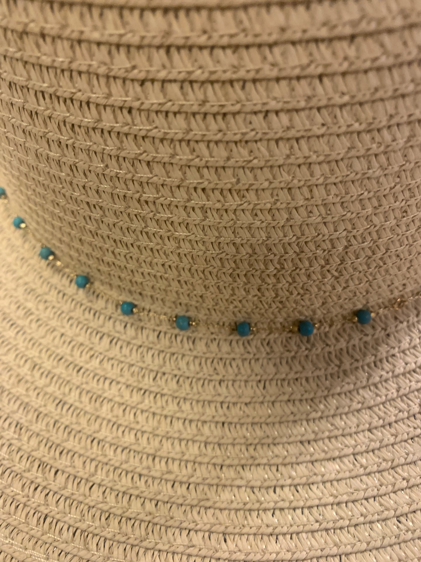 Tan Straw Hat with Turquoise Bead Detail