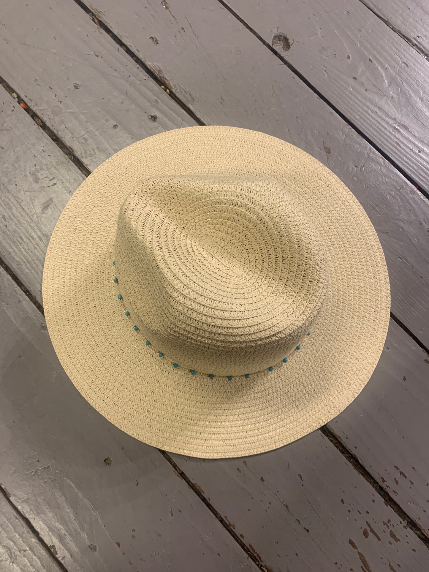 Tan Straw Hat with Turquoise Bead Detail