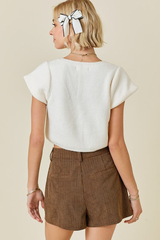 Ivory V Neck Sweater with Bubble Sleeves