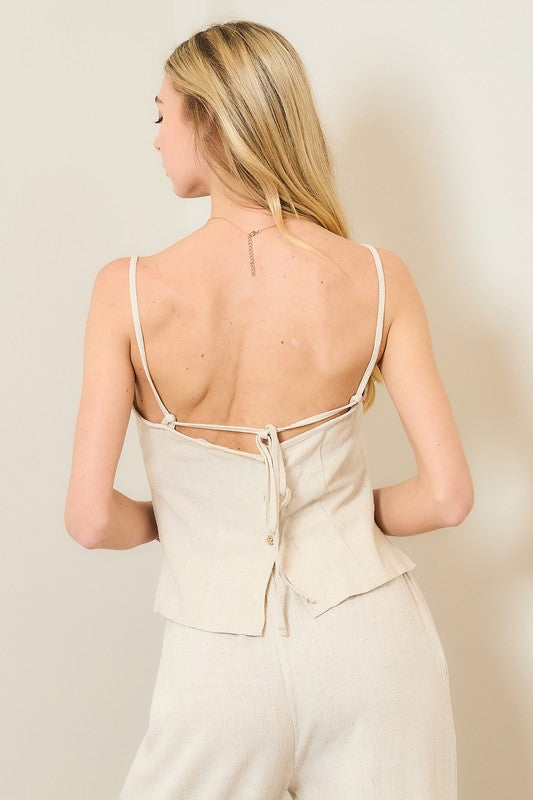 Linen Buttoned Tie Back Top