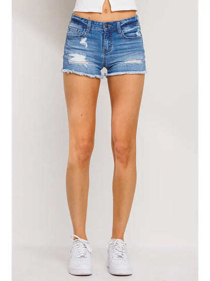 Medium Blue Mid Waist Frayed Denim Shorts