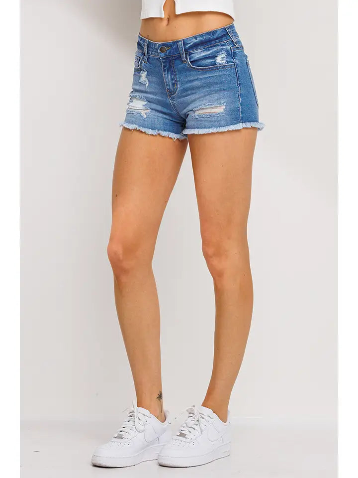 Medium Blue Mid Waist Frayed Denim Shorts