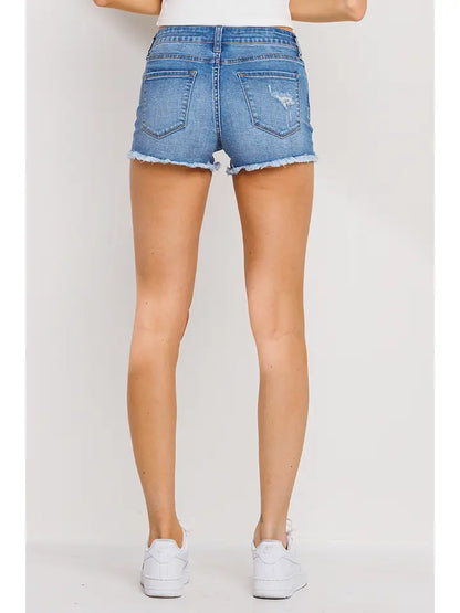 Medium Blue Mid Waist Frayed Denim Shorts