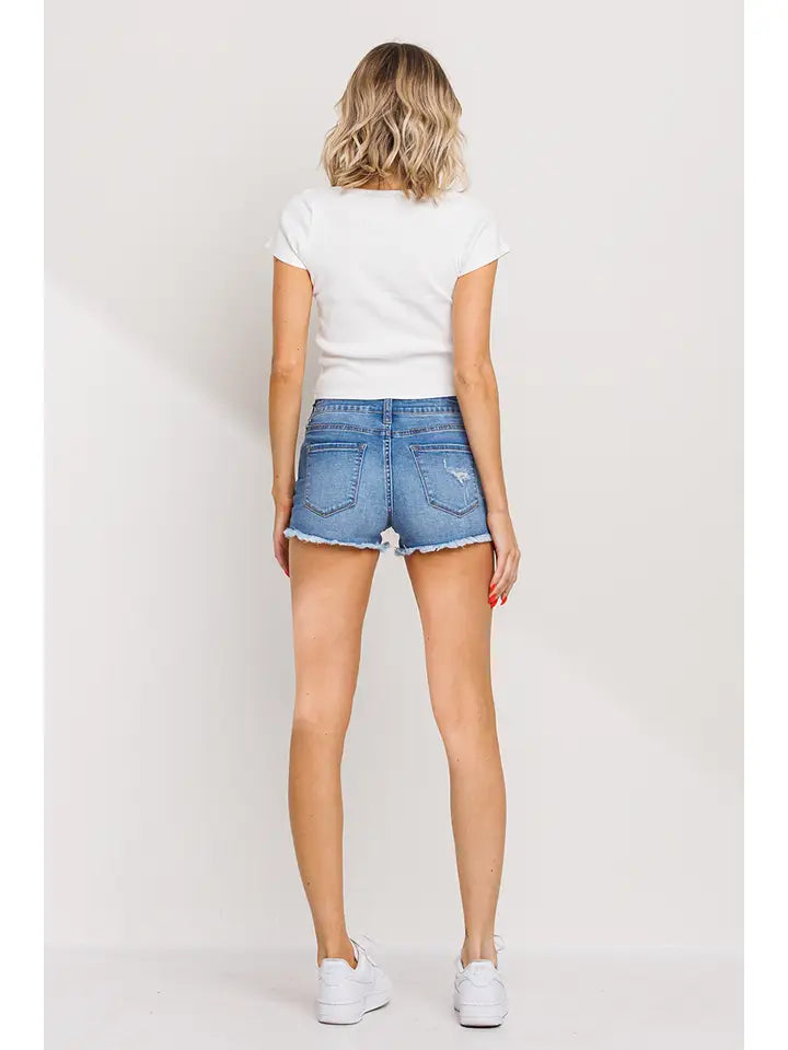 Medium Blue Mid Waist Frayed Denim Shorts