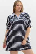 Navy Striped Mini Dress with Blue Collar - Curvy