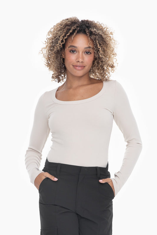 Oat Milk Scoop Neck Long Sleeve Top