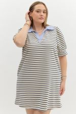 Striped Mini Dress with Blue Collar - Curvy