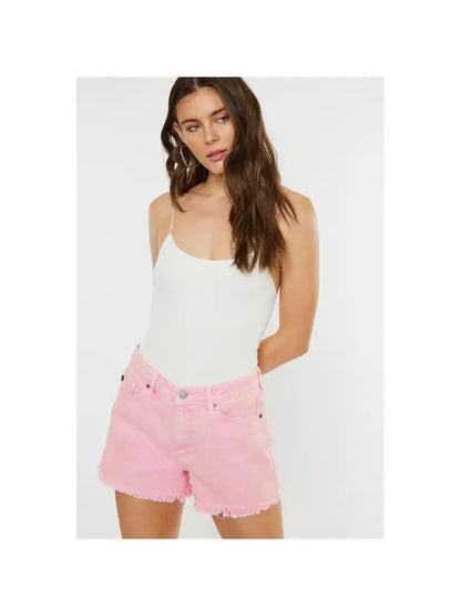 Pink High Rise Denim Frayed Shorts